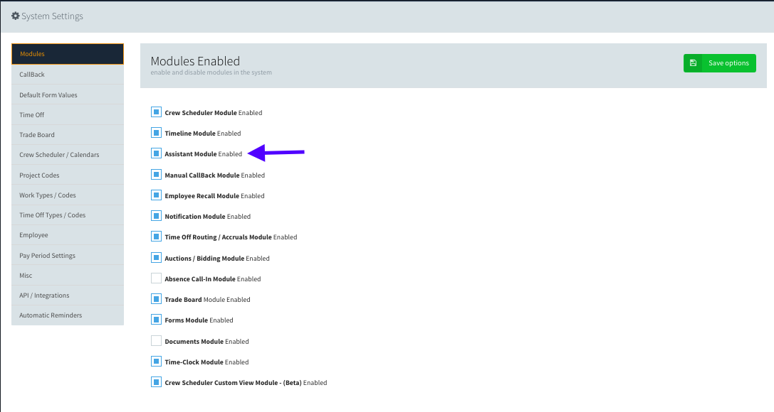 Assistant Module – Settings Reference Guide